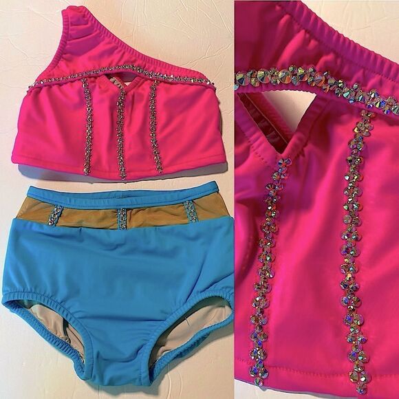 Custom made solo dance costume hot pink neon rhinestone 2 piece set child 10 - Picture 3 of 13